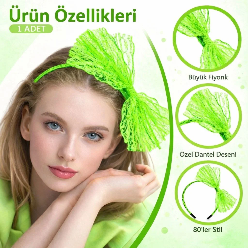 Neon Yeşil Dantel Taç Fiyonklu – 80'ler 90'lar Parti Saç Bandı Fiyatı, Yorumları ve Özellikleri