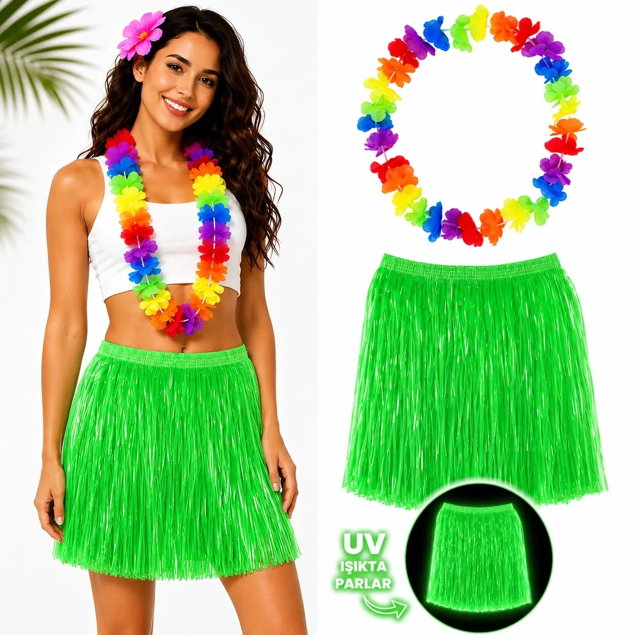 Neon Yeşil Hawaii Etek 40 cm ve Rengarenk Hawaii Kolye