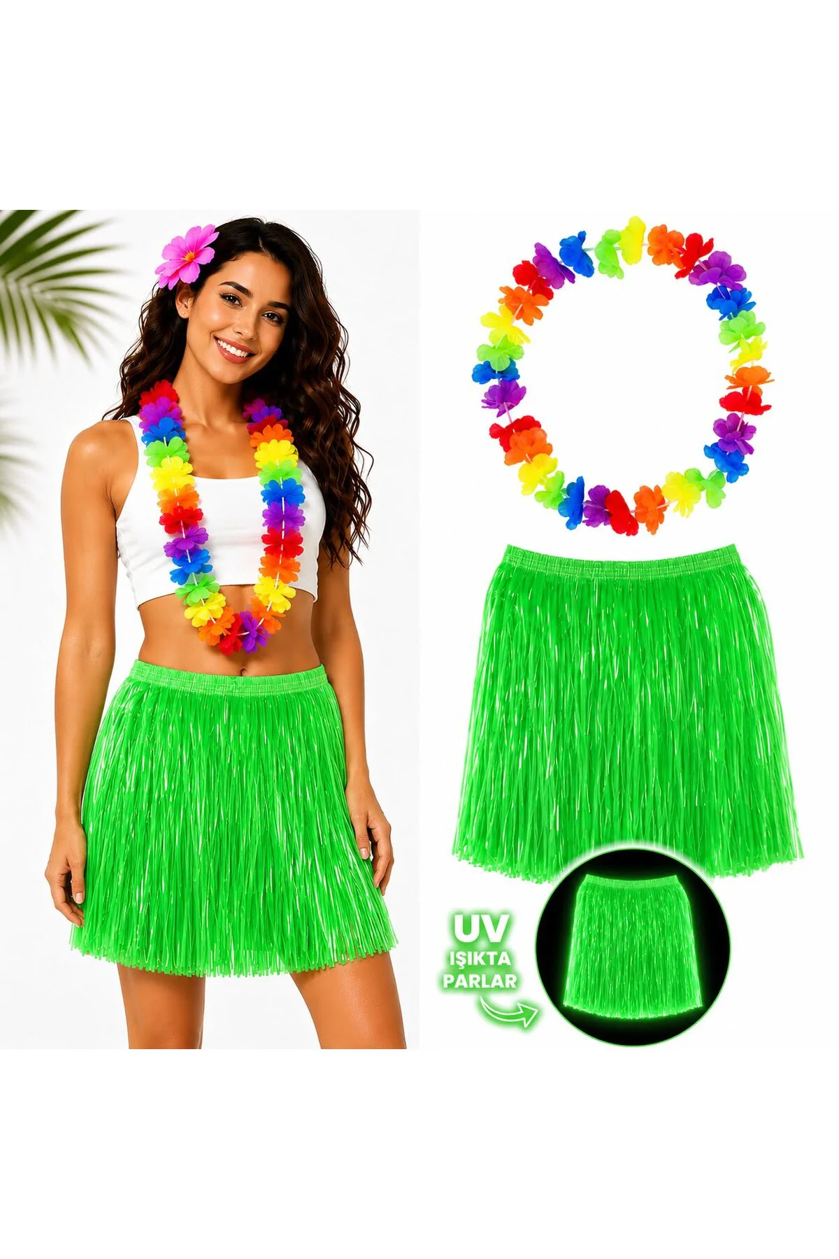 Neon Yeşil Hawaii Etek 40 cm ve Rengarenk Hawaii Kolye