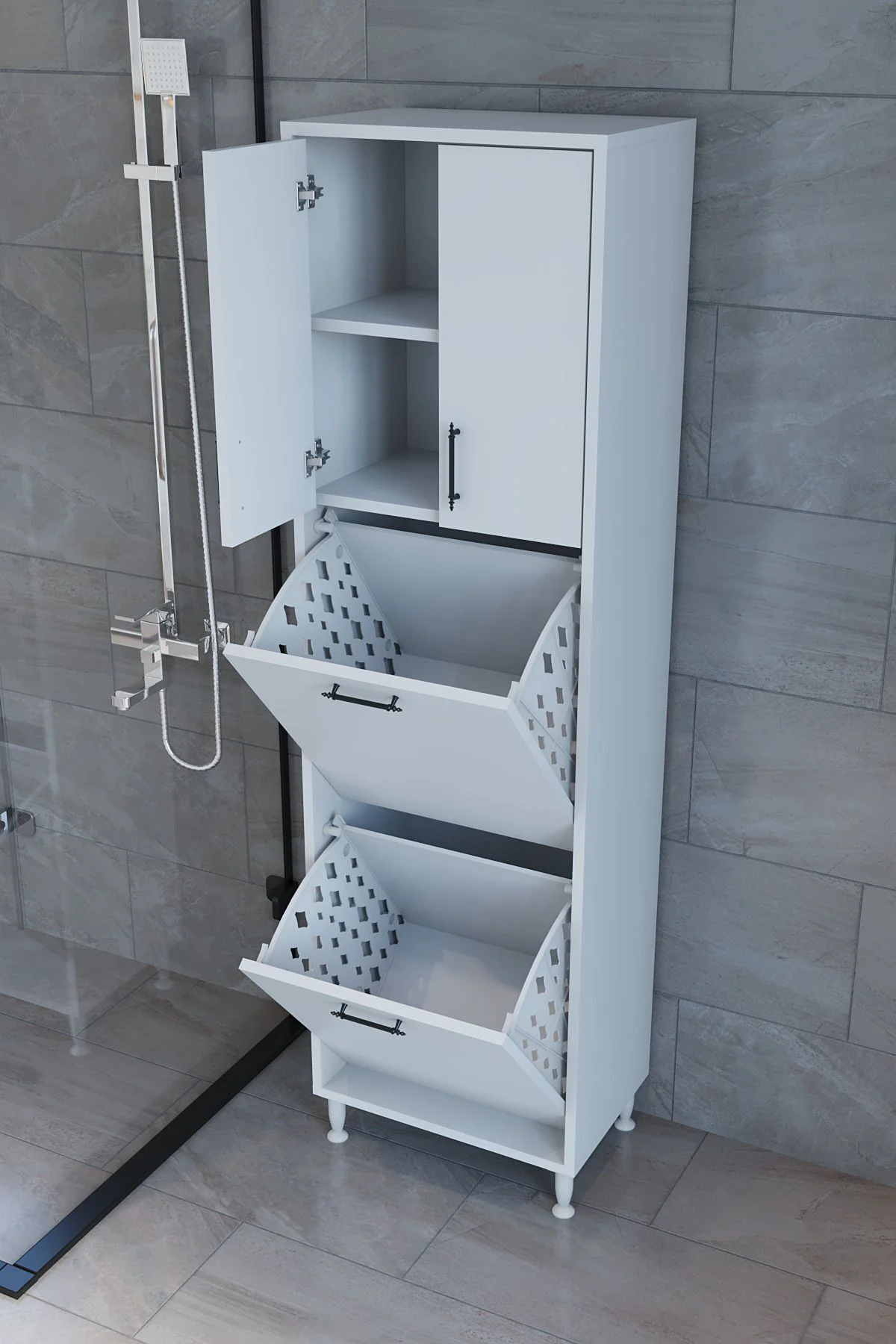 Nergiz Beyaz ve Renkli Kirli Çamaşır Sepetli Çok Amaçlı Banyo Dol