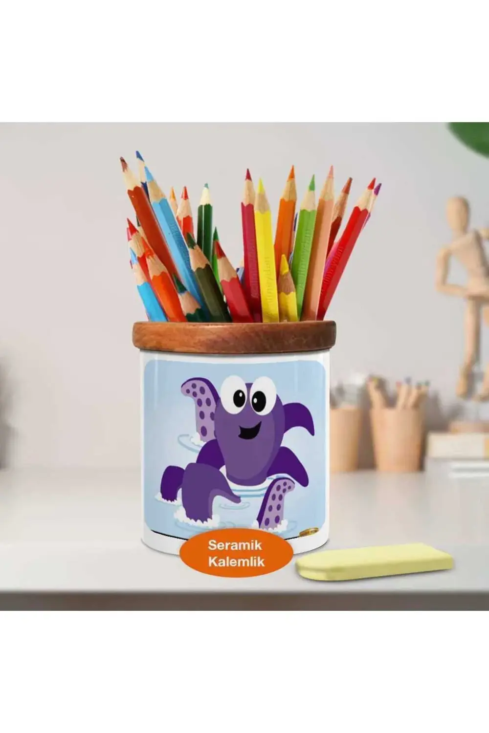 Neşeli Mor Ahtapot Ahşaplı Seramik Kalemlik - 72147496110