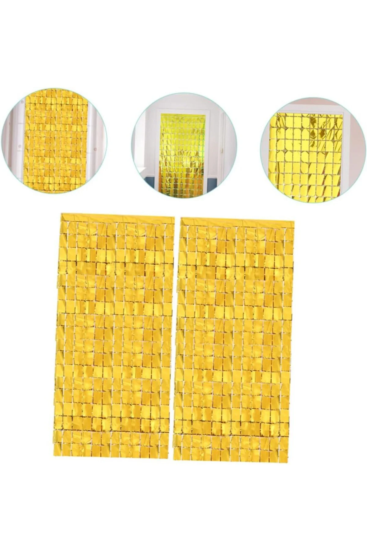 NessiWorld Ekstra Metalize Altın Renk Disko Dikdörtgen Kesim Kapı Perdesi Dekorasyon 1x2 Metre