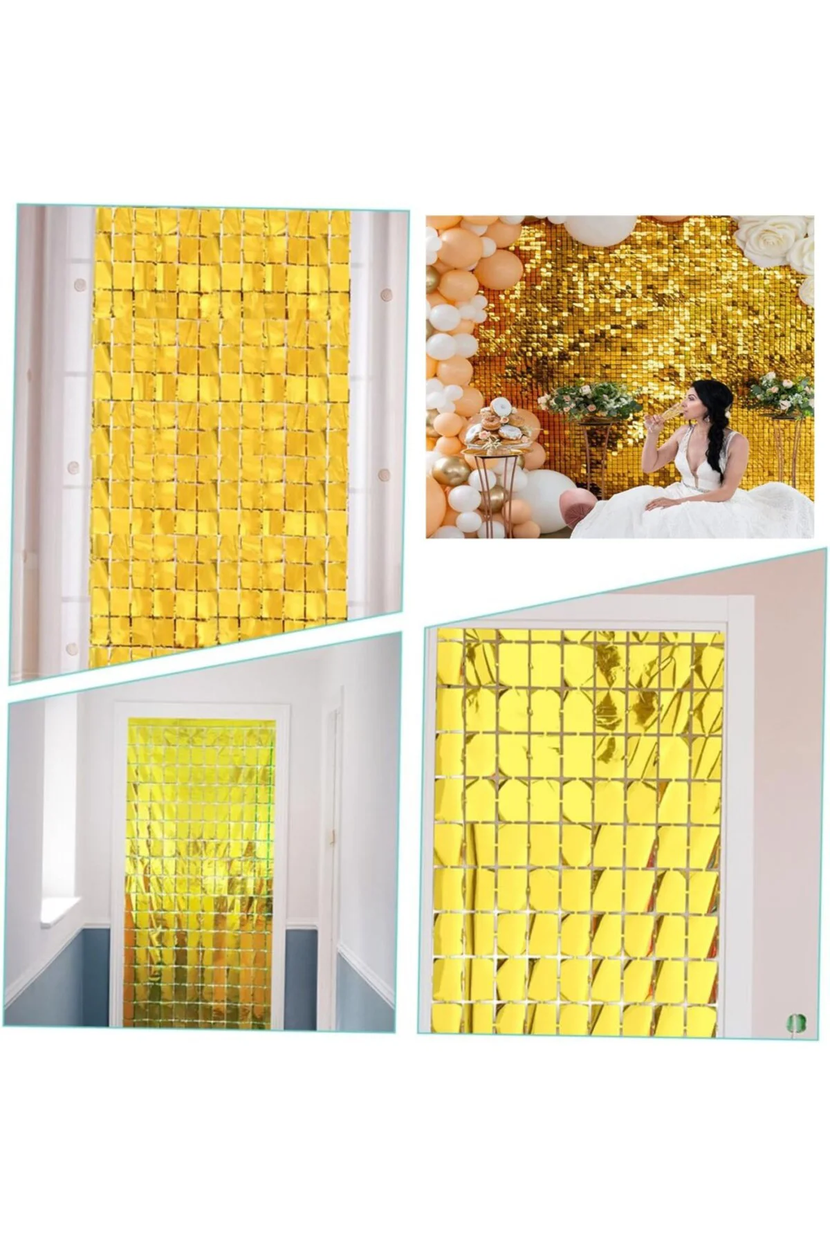 NessiWorld Ekstra Metalize Altın Renk Disko Dikdörtgen Kesim Kapı Perdesi Dekorasyon 1x2 Metre