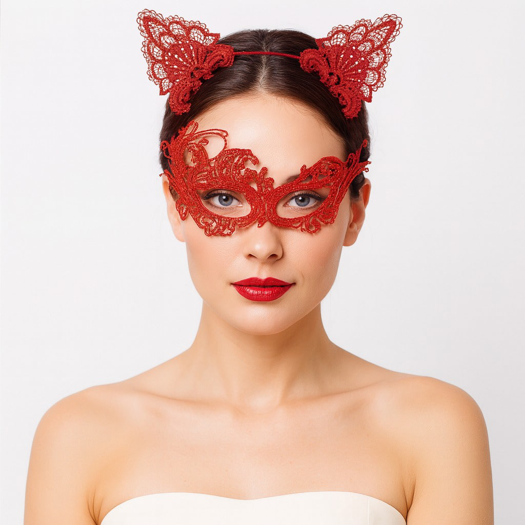 Nessiworld Gizemli Kırmızı Dantel Maske ve Taç Seti 1 No - Kostüm Nessiworld Gizemli Kırmızı Dantel Maske ve Taç Seti 1 No - Kostüm