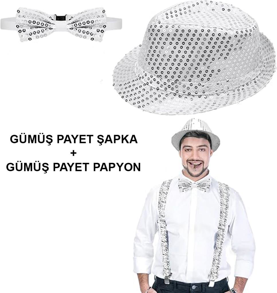 Nessiworld Gümüş Payetli Şapka ve Papyon Seti – Parıltılı Yetişki Nessiworld Gümüş Payetli Şapka ve Papyon Seti – Parıltılı Yetişki