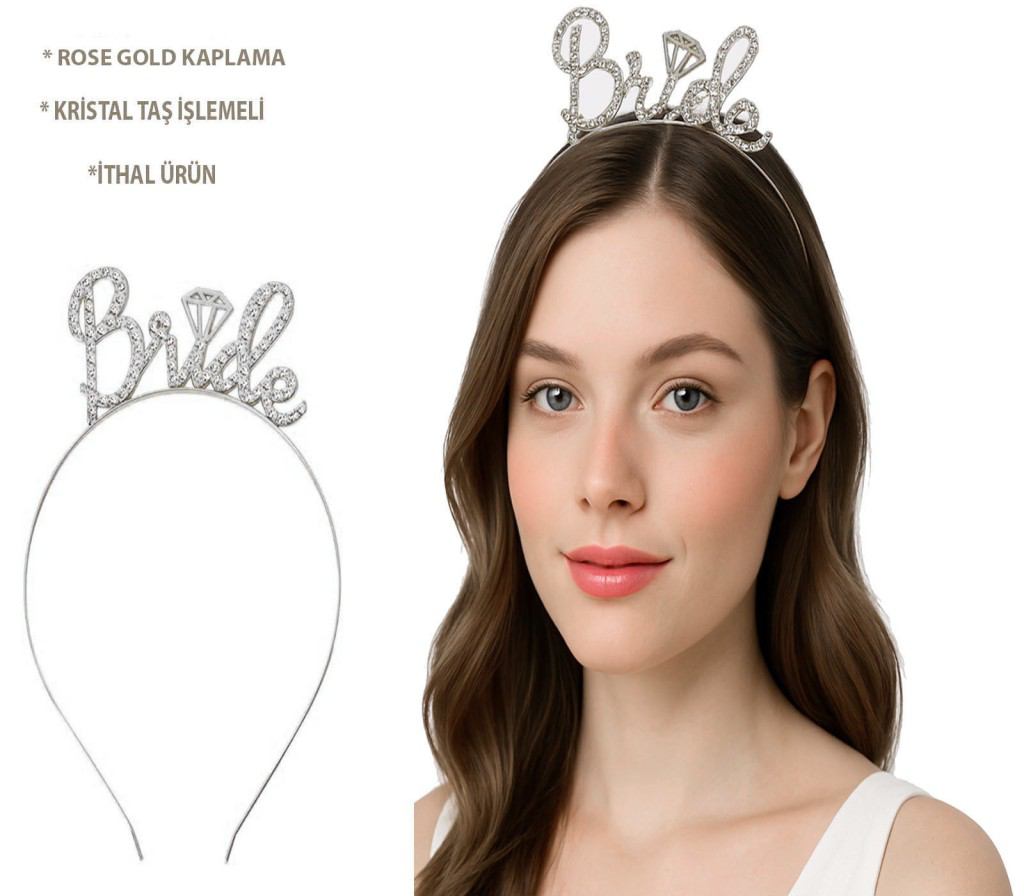 Nessiworld Gümüş Renkli Taşlı “Bride” Gelin Tacı – El Yazısı Yazı