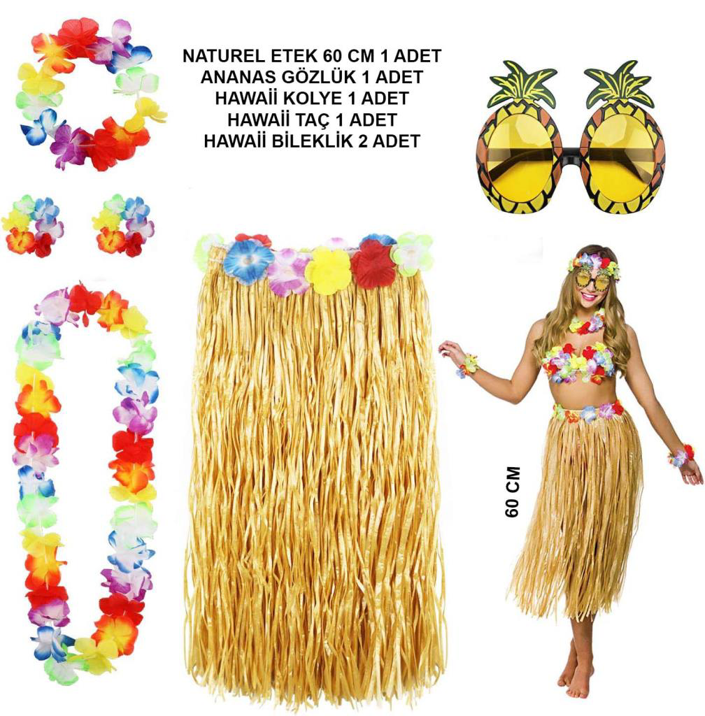 Nessiworld Hawaii Parti Kostüm Seti - 60 cm Hasır Etek, Çiçekli A Nessiworld Hawaii Parti Kostüm Seti - 60 cm Hasır Etek, Çiçekli A