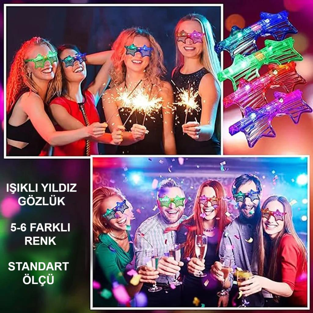 Nessiworld Işıklı Yıldız Gözlük Ledli Parti Gözlüğü 6 Renk 12 Ade
