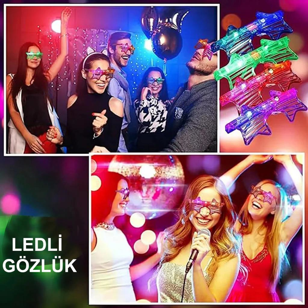 Nessiworld Işıklı Yıldız Gözlük Ledli Parti Gözlüğü 6 Renk 12 Ade