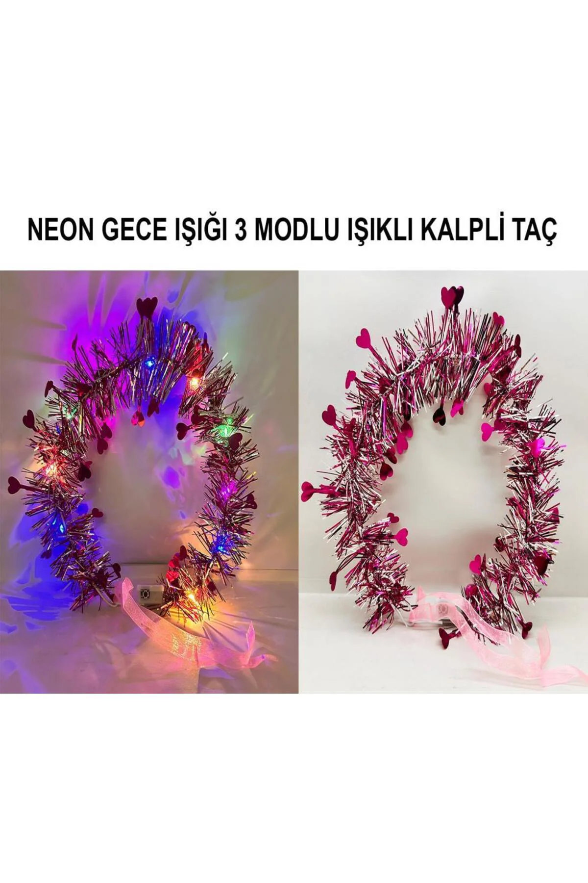 Nessiworld Kalp Püsküllü Gece Parıltısı 3 Modlu LED'li Işıklı Taç