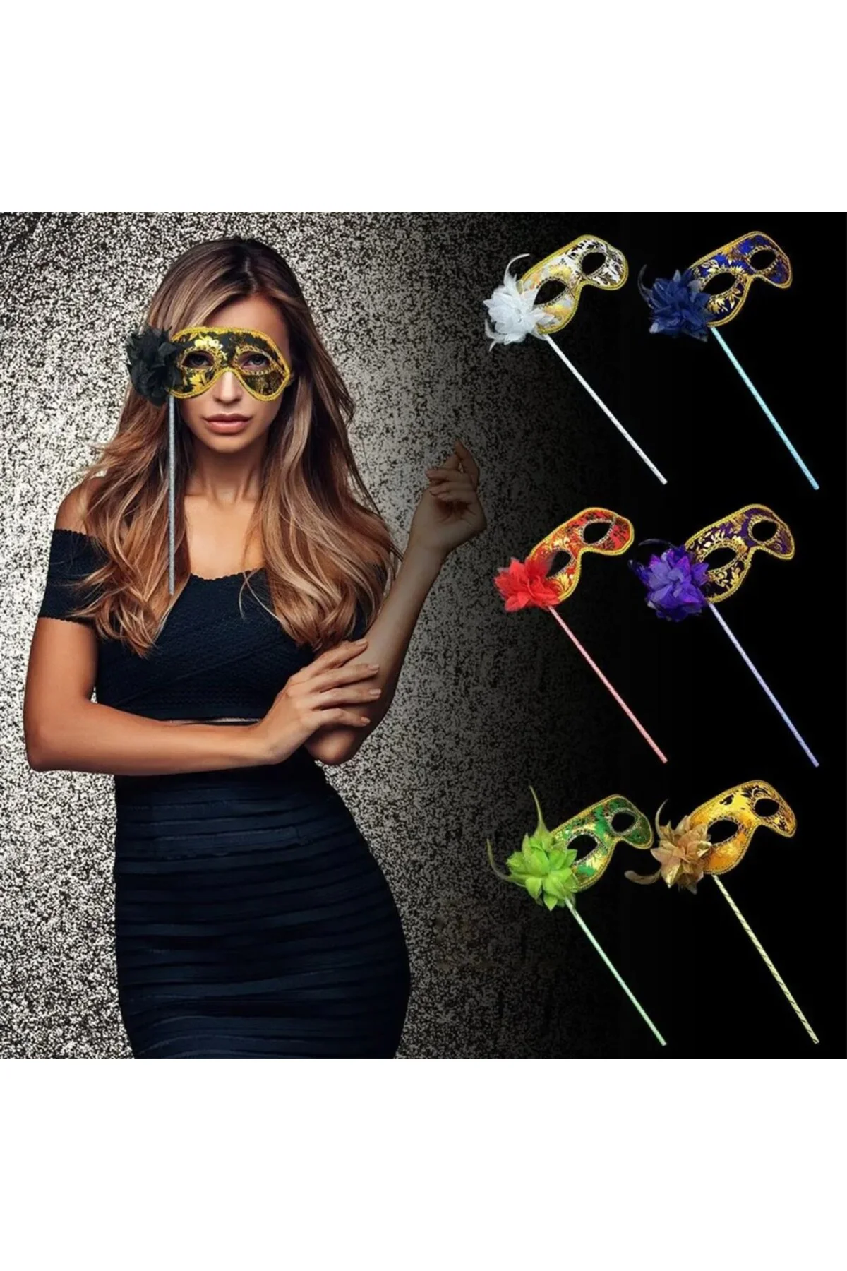NessiWorld Lüks Saplı Maskeli Balo Maskesi Kırmızı Renk 35 cm