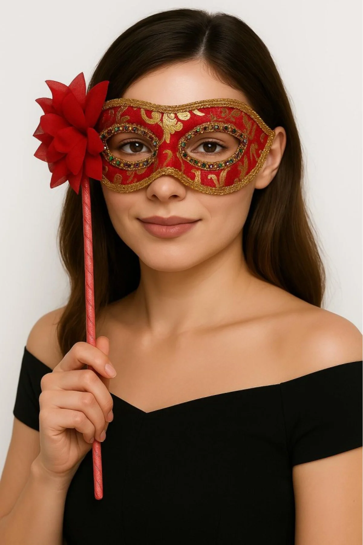 NessiWorld Lüks Saplı Maskeli Balo Maskesi Kırmızı Renk 35 cm