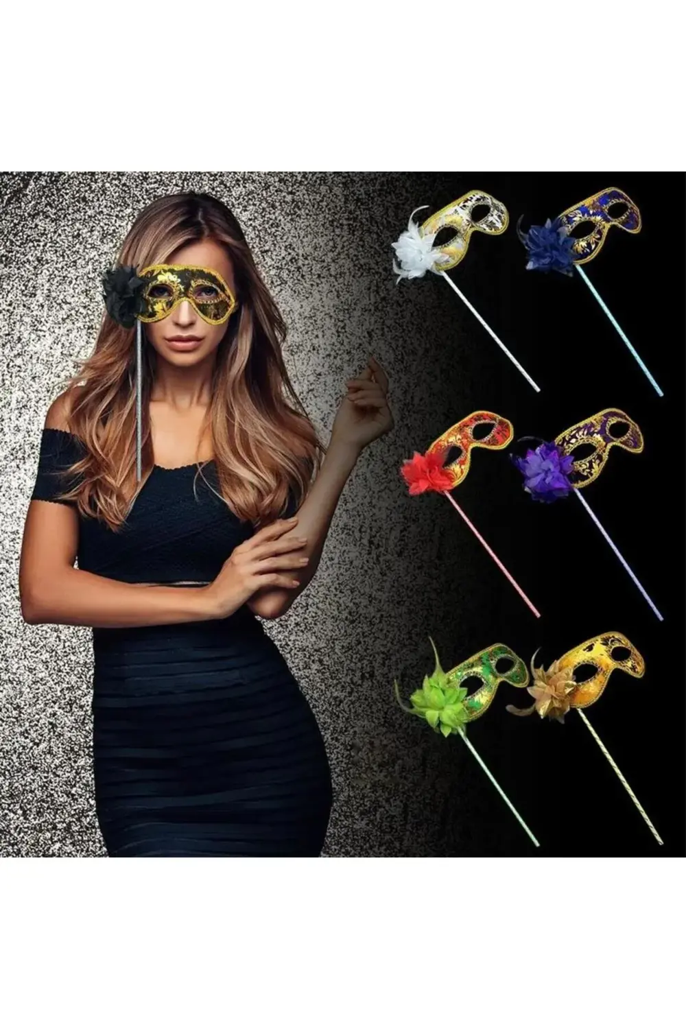 NessiWorld Lüks Taşlı Saplı Maskeli Balo Maskesi Altın Renk 35 cm