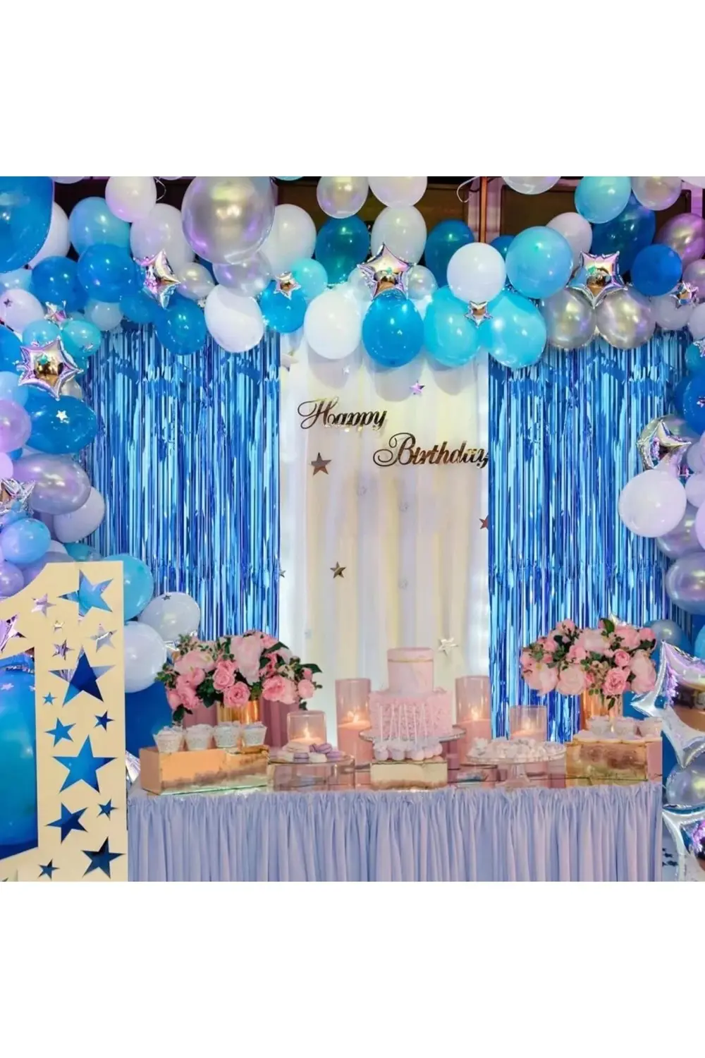 Nessiworld Mavi Renk Ekstra Metalize Parlak Saçaklı Arka Fon Perd