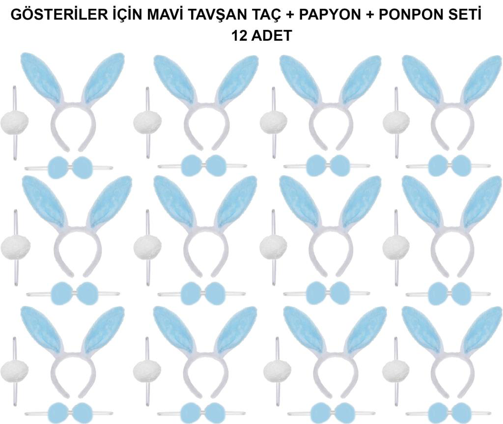 Nessiworld Mavi Tavşan Kostüm Seti – Taç, Papyon, Ponpon (12’li P