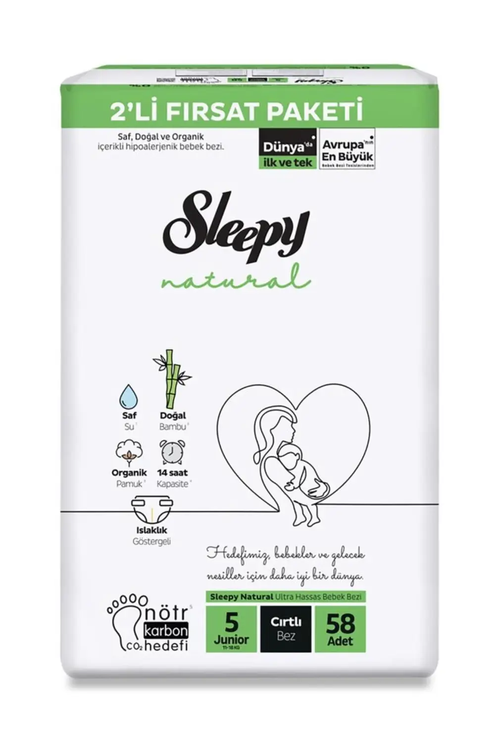 Nessiworld Natural Bebek Bezi 2'Li Fırsat Paketi 5 Beden 58 Adet