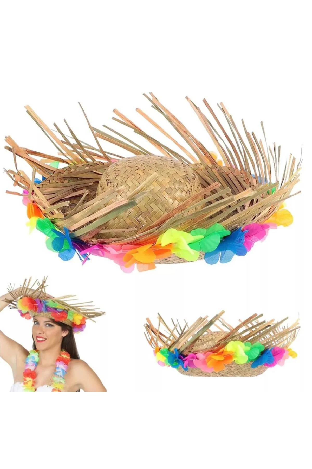 Nessiworld Naturel Renk Püsküllü Örme Hasır Hawaii Luau Aloha Şap