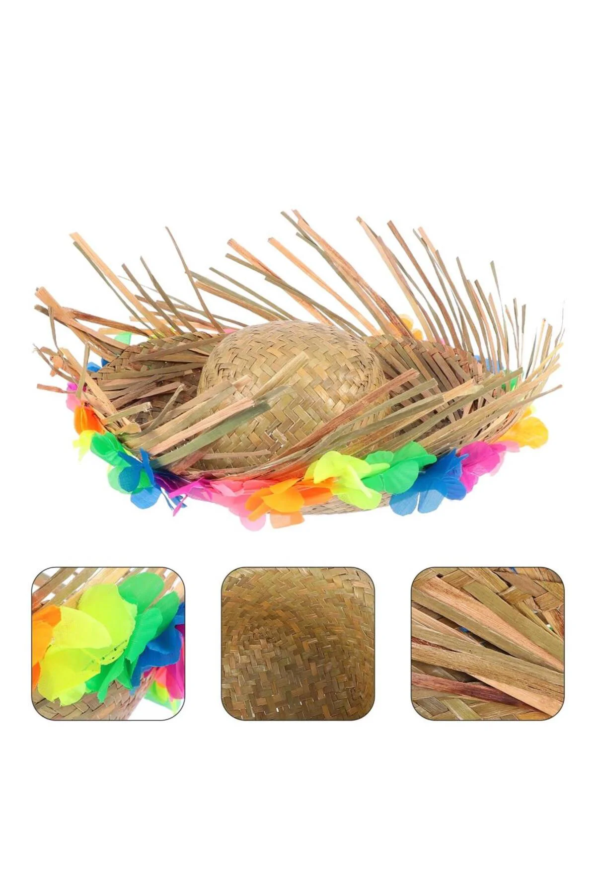 Nessiworld Naturel Renk Püsküllü Örme Hasır Hawaii Luau Aloha Şap