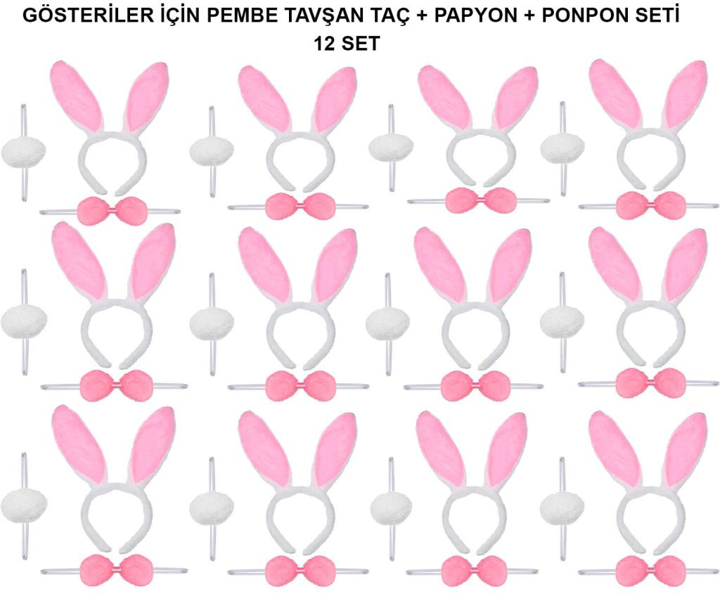 Nessiworld Pembe Tavşan Kostüm Seti – Taç, Papyon, Ponpon (12’li Nessiworld Pembe Tavşan Kostüm Seti – Taç, Papyon, Ponpon (12’li