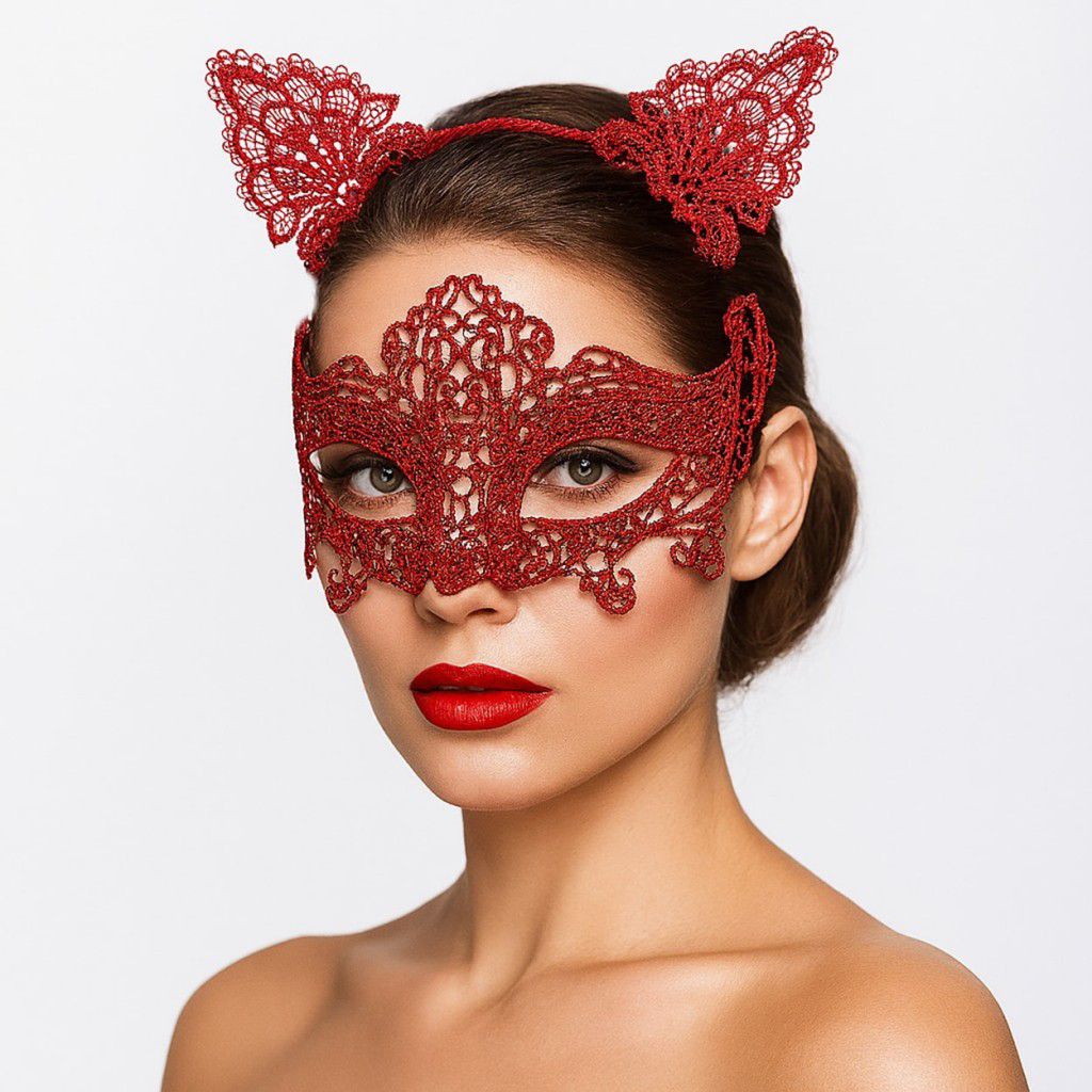 Nessiworld Romantik Kırmızı Dantel Maske Seti – Kedi Kulaklı Taç 