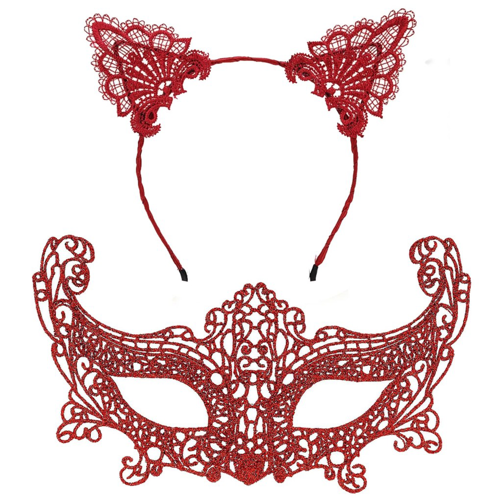 Nessiworld Romantik Kırmızı Dantel Maske Seti – Kedi Kulaklı Taç 