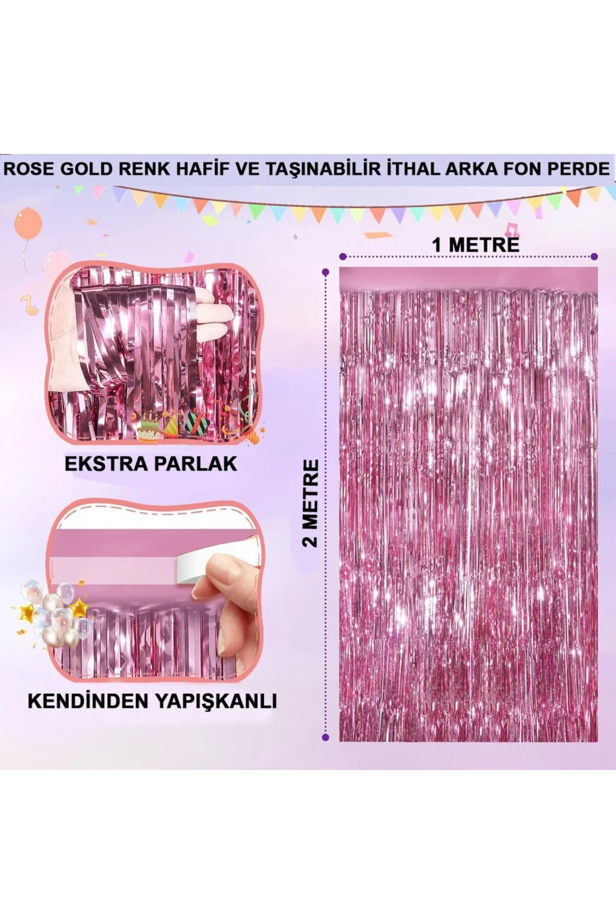 NessiWorld Rose Gold Renk Ekstra Metalize Parlak Saçaklı Arka Fon Perde İthal A Kalite 1x2 Metre