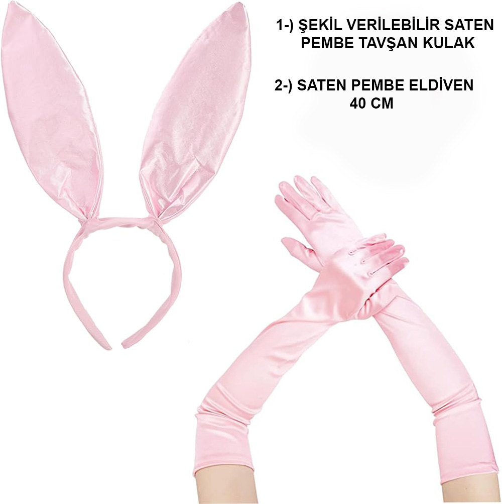 Nessiworld Saten Kaplama Soft Pembe Eldiven 40 cm ve Tavşan Kulak