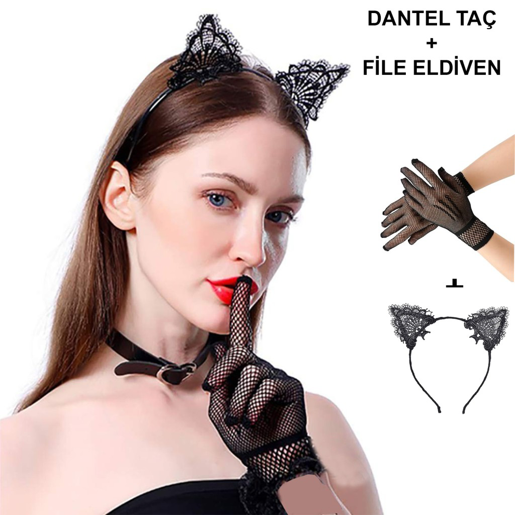 Nessiworld Siyah Kedi Dantel Taç + Eldiven Seti – Parti, Dans ve 