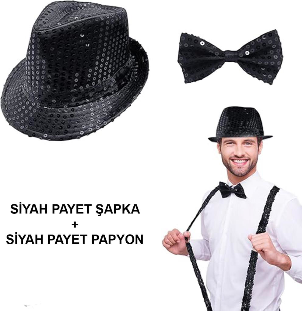 Nessiworld Siyah Payetli Şapka ve Papyon Seti – Parıltılı Yetişki