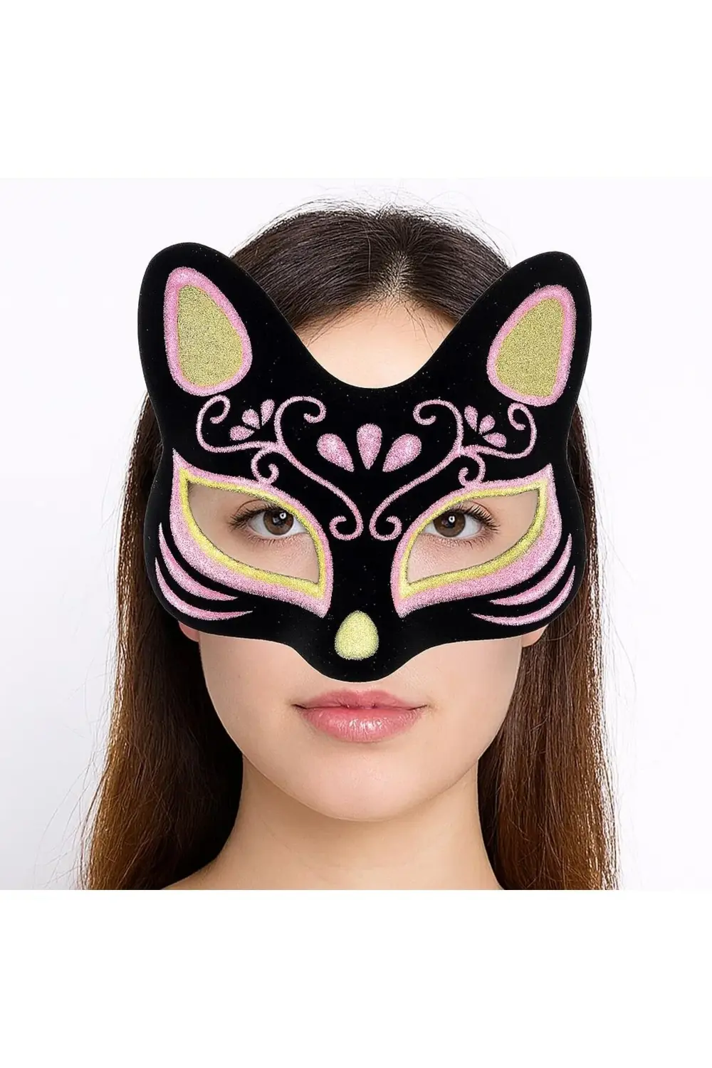 Nessiworld Siyah Renk Süet Kaplama Üzeri Sarı Pembe Simli Kedi Ma