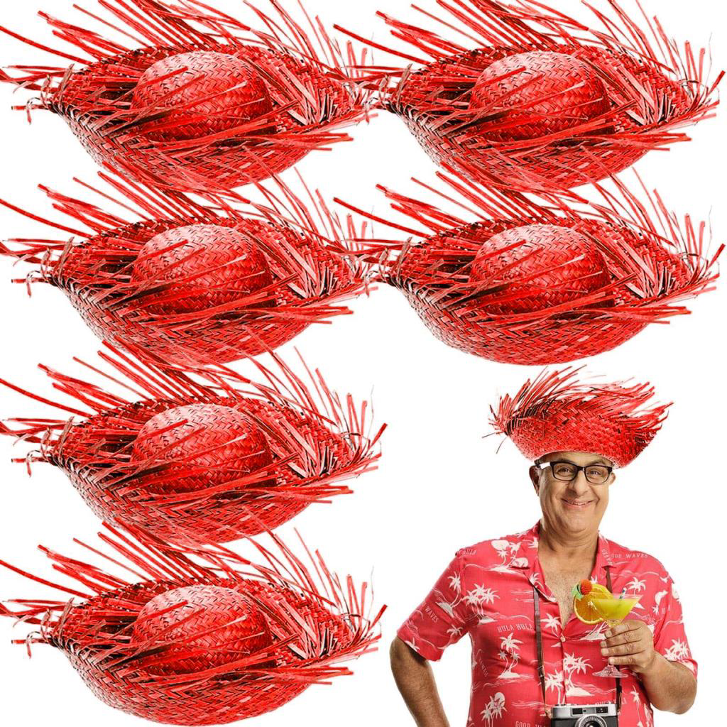 Nessiworld Tropikal Parti Kırmızı Hasır Hawaii Şapkası 13x36 cm