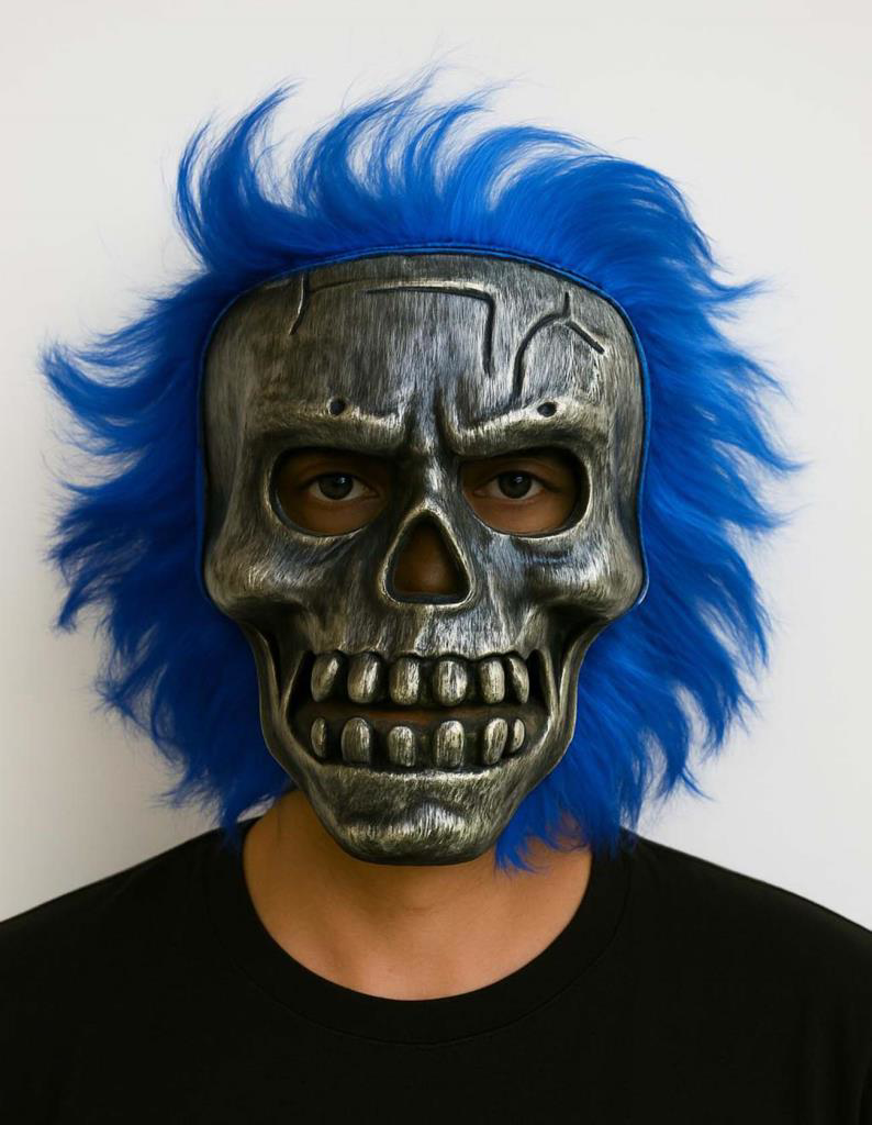 Nessiworld Wild Skull - Gümüş Kafatası Mavi Saçlı İskelet Maske