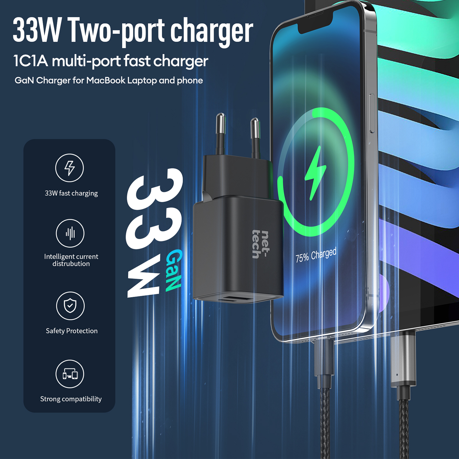 Nettech NT-HCH07 2 Girişli 33W GaN PD+QC Şarj Adaptörü Nettech NT-HCH07 2 Girişli 33W GaN PD+QC Şarj Adaptörü