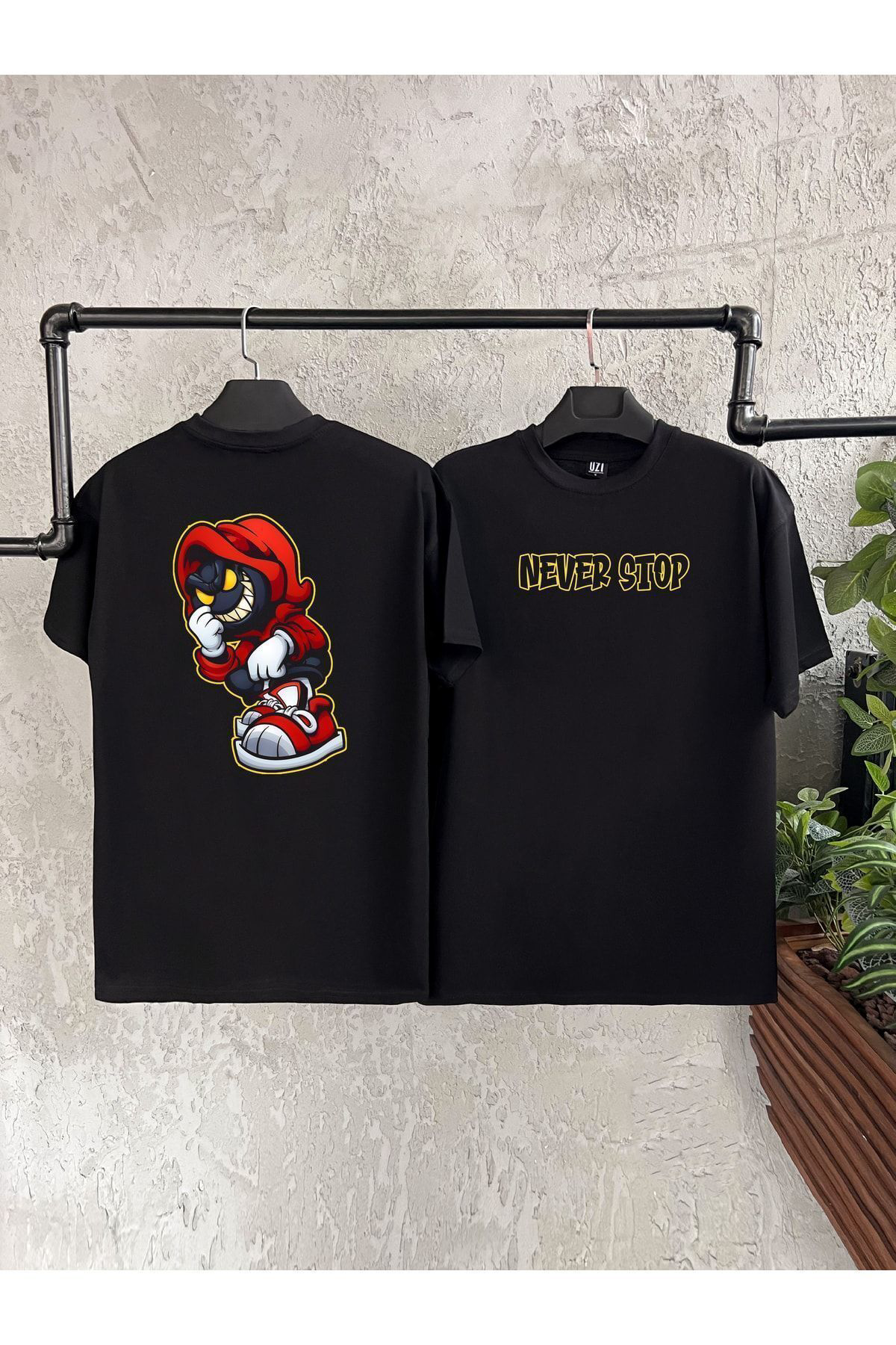 Bikombine Never Stop Çift Taraflı Baskılı Siyah Erkek Tshirt