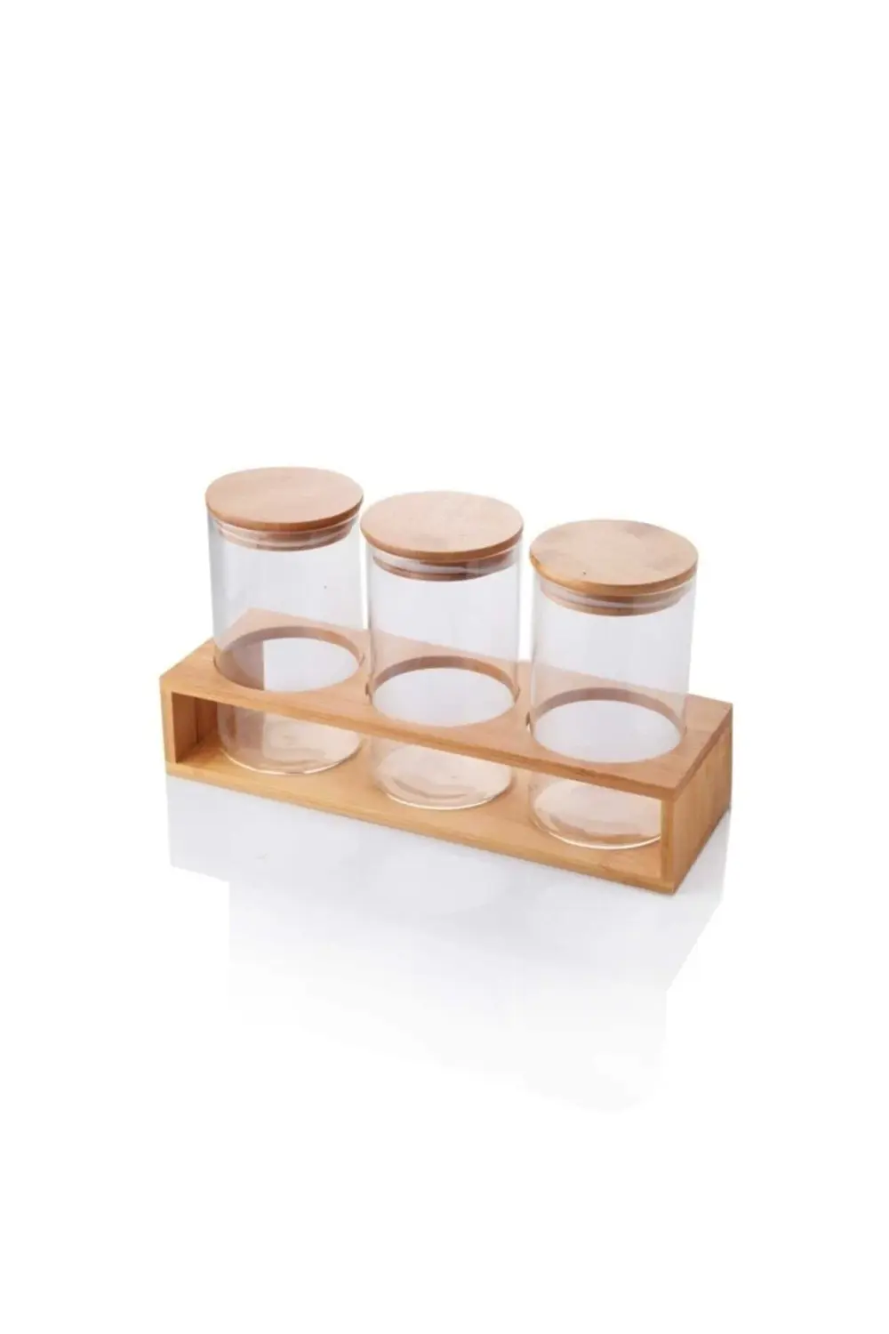 New Bambu Kapaklı 3 Lü Borosilikat Cam Standlı Baharatlık Yeni
