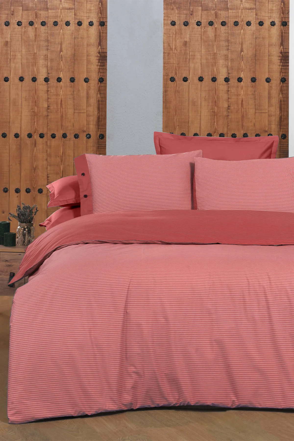 New Fancy Stripe Kırmızı King Size (battal Boy) %100 Pamuk Çizgili Nevresim Takımı