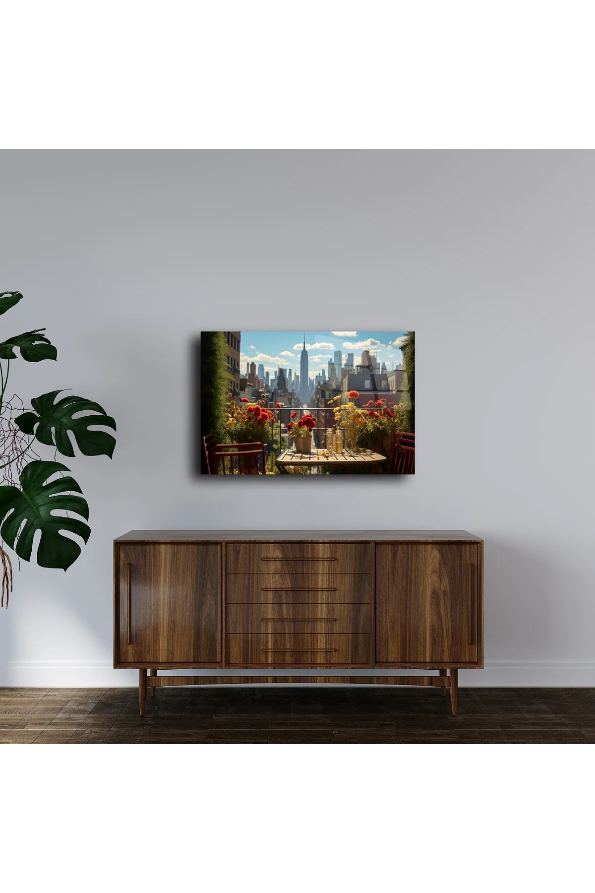 New York Terasında Çiçekli Masa Cam Tablo