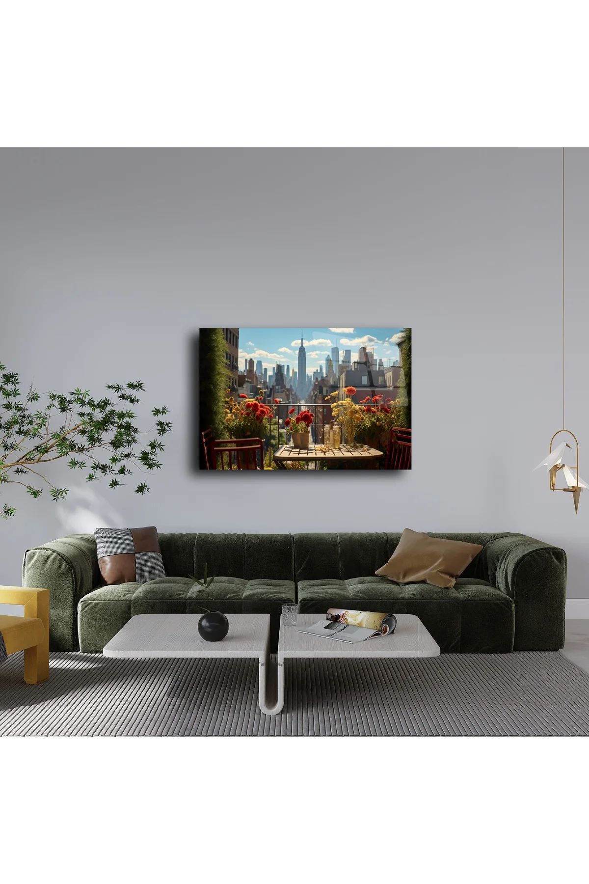 New York Terasında Çiçekli Masa Cam Tablo