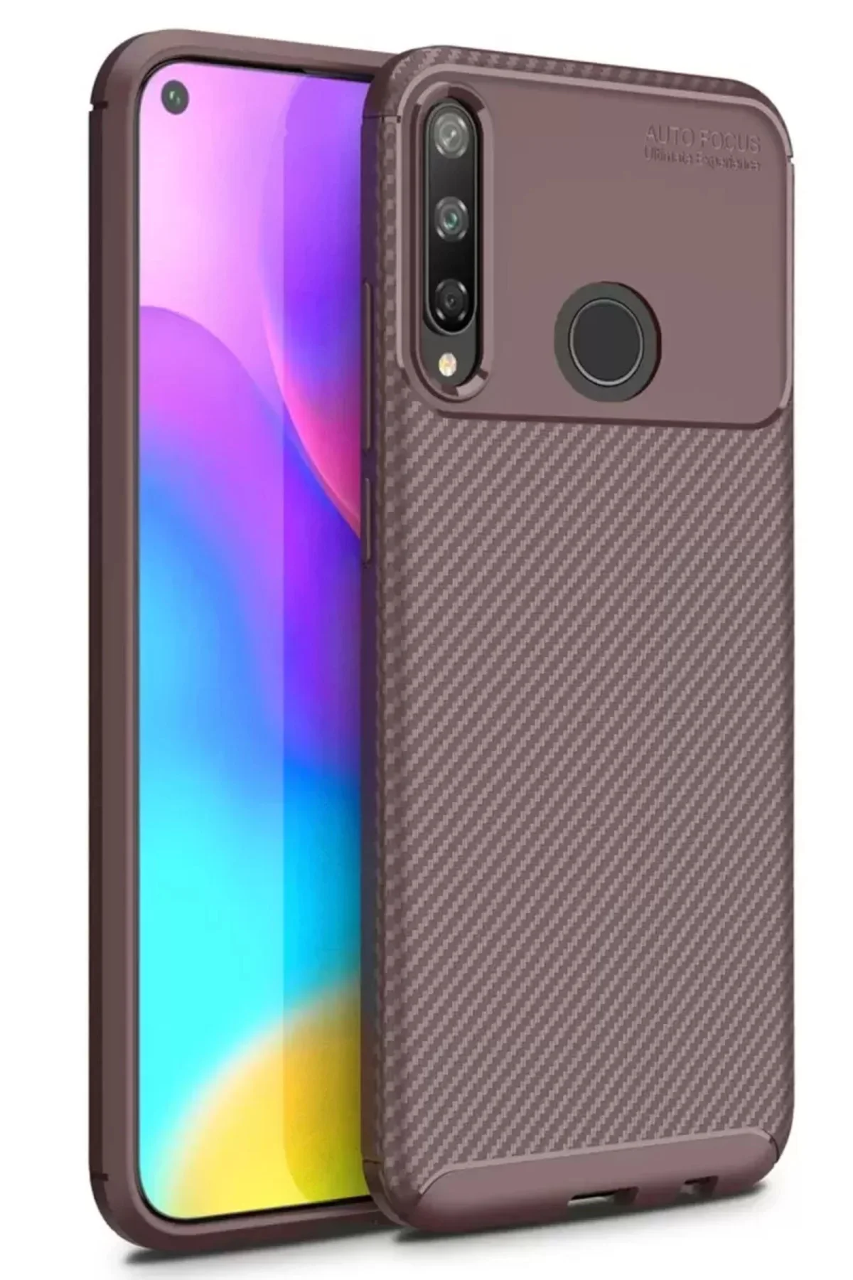 Newface Huawei P40 Lite E Kılıf Auto Focus Karbon Kapak - Kahvere