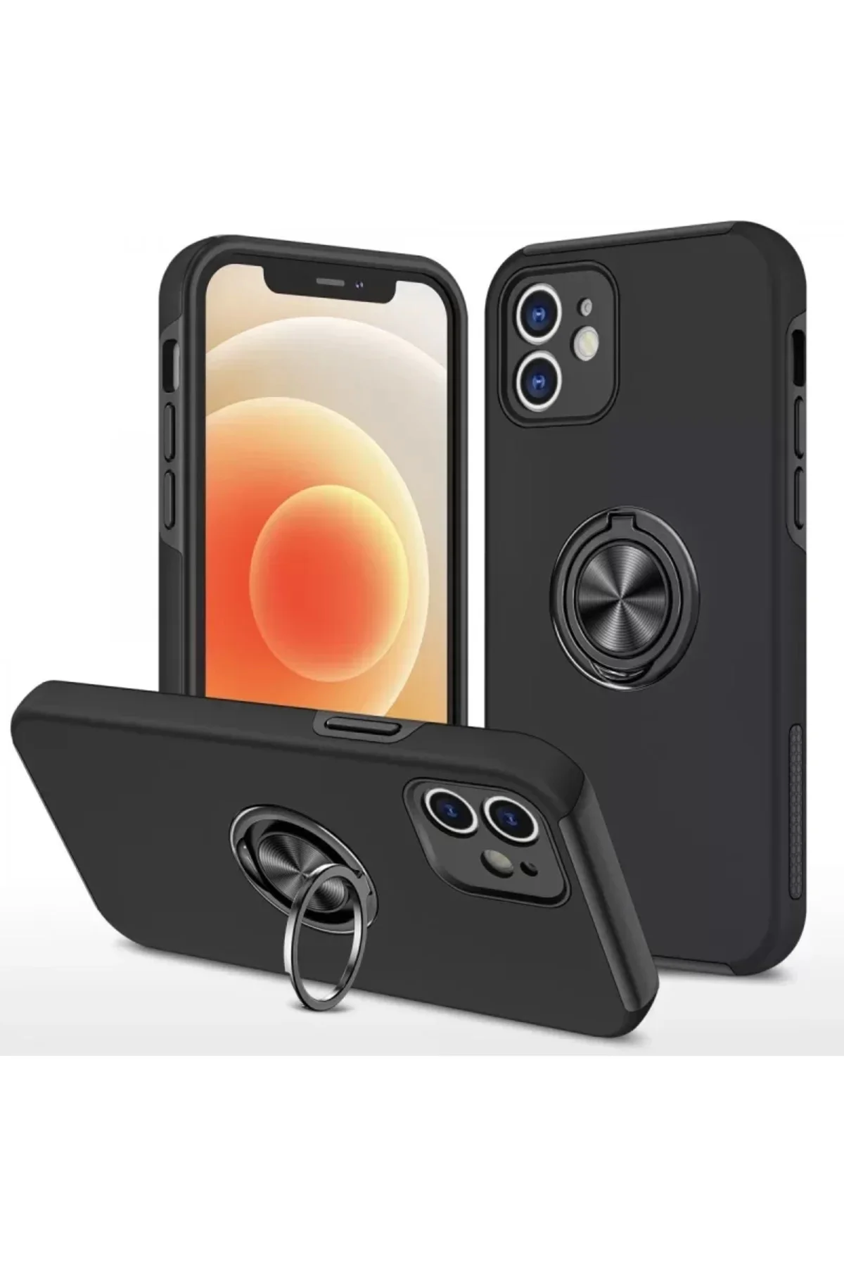 Newface İphone 12 Kılıf Elit Yüzüklü Kapak - Siyah