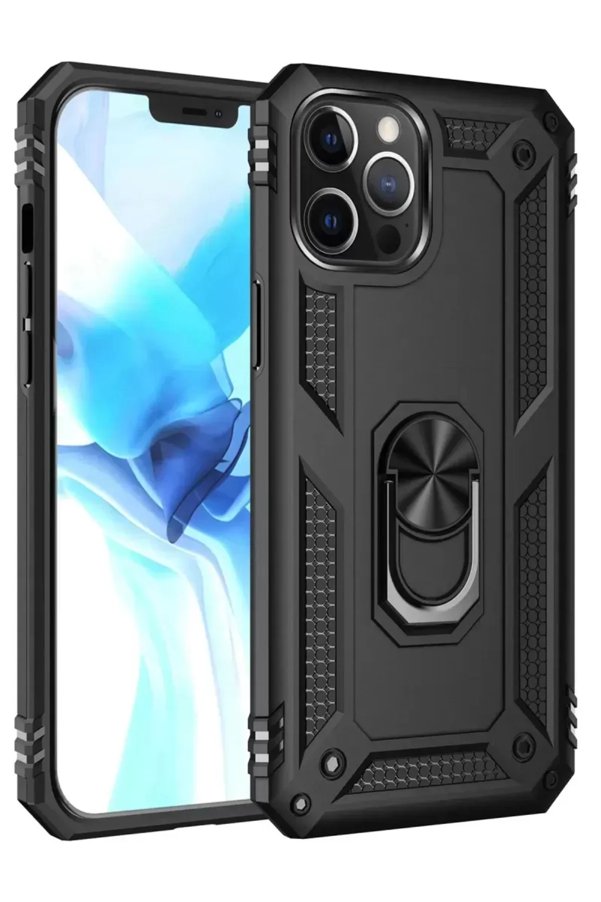 Newface İphone 12 Pro Max Kılıf Sofya Yüzüklü Silikon Kapak - Siy