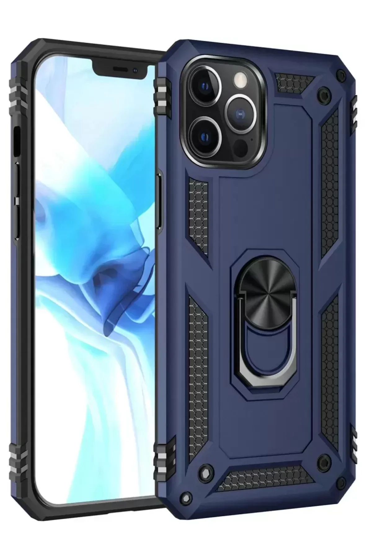 Newface İphone 12 Pro Max Kılıf Sofya Yüzüklü Silikon Kapak - Lacivert