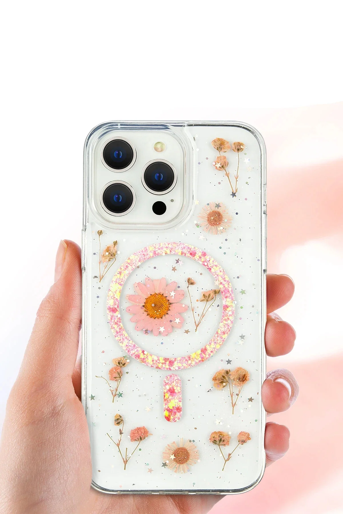 Newface İphone 16 Pro Max Kılıf Daisy Simli Magsafe Kapak - Gümüş