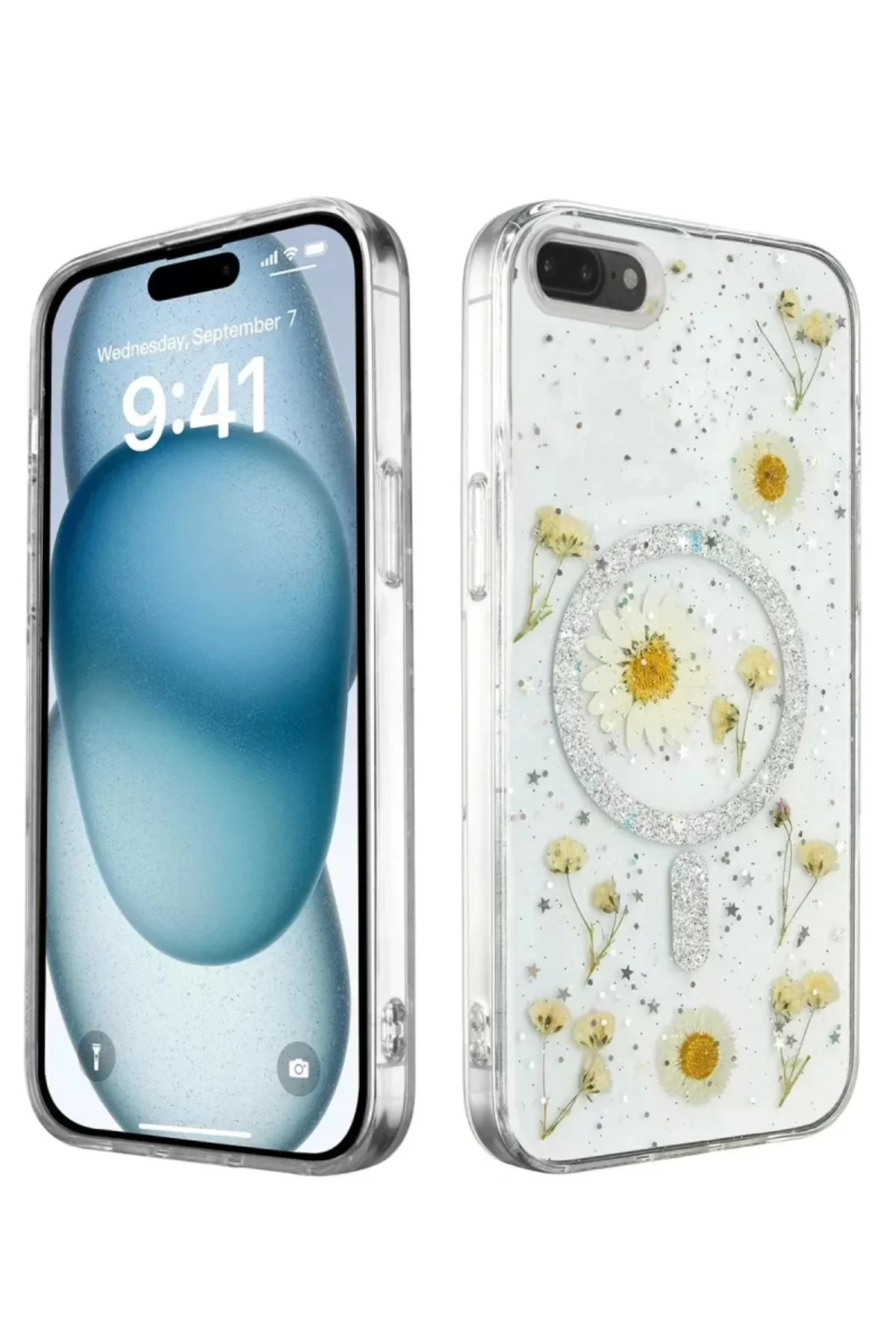 Newface İphone 7 Kılıf Daisy Simli Magsafe Kapak - Gümüş