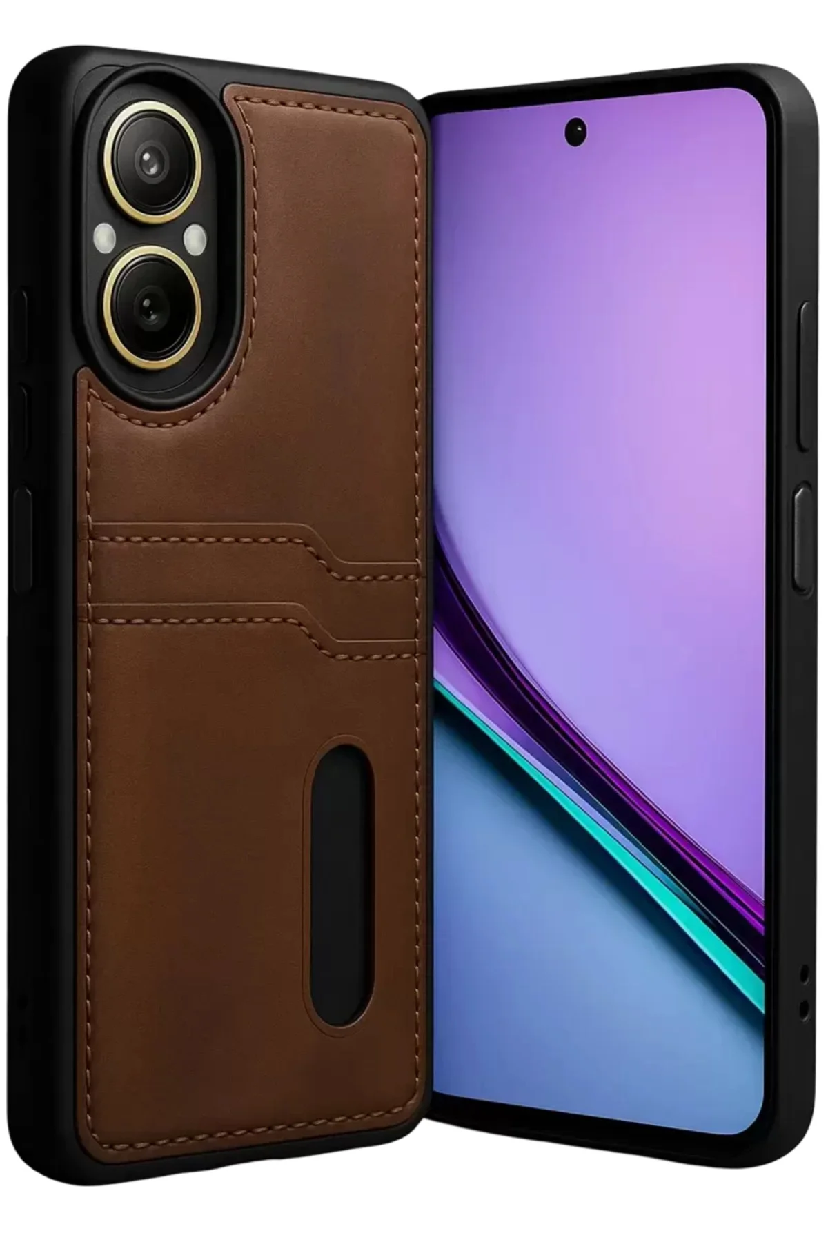 Newface Realme 12 Lite Kılıf Sara Kartvizitli Deri Kılıf - Taba