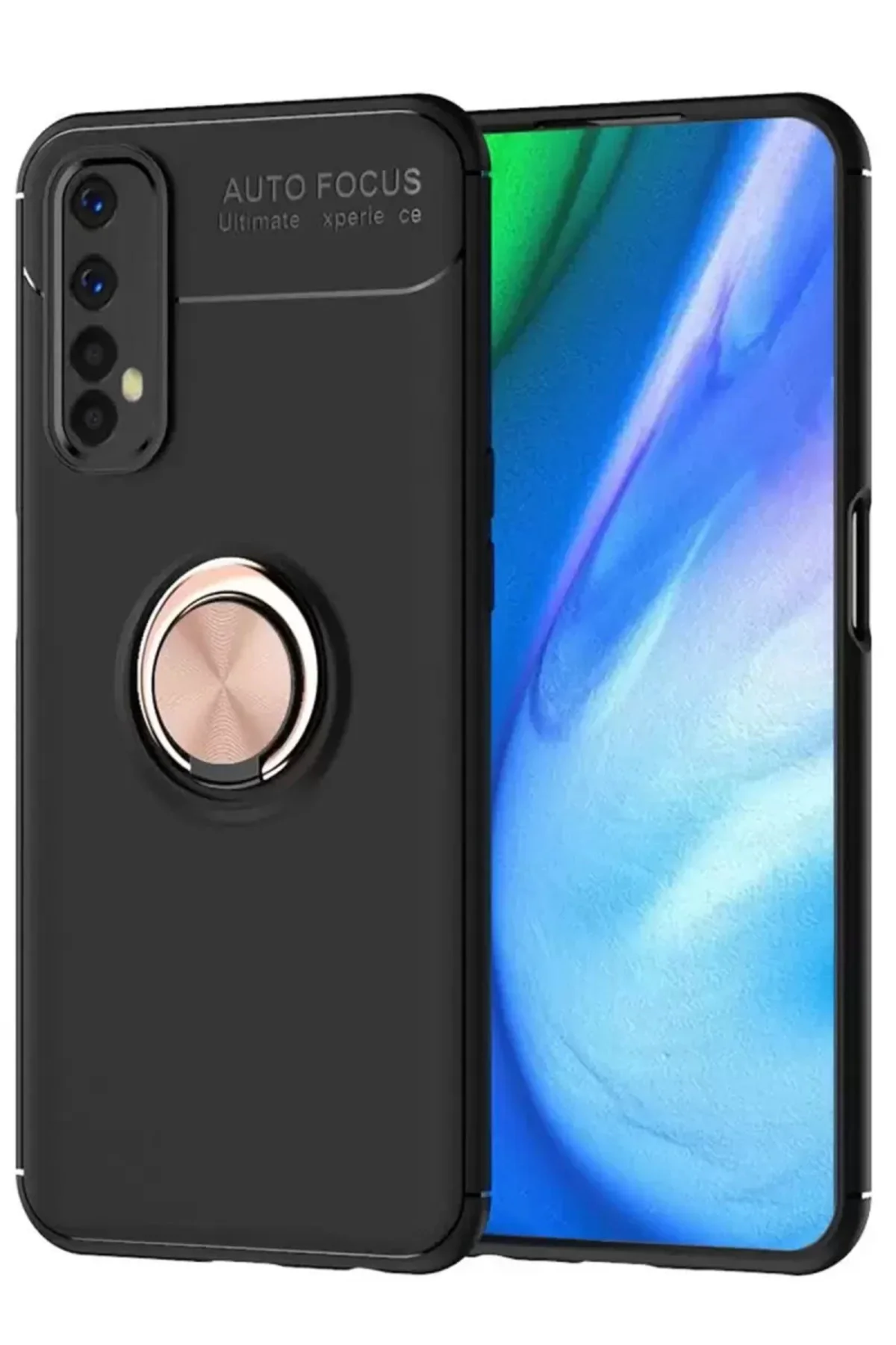 Newface Realme 7 Kılıf Range Yüzüklü Silikon - Siyah-gold