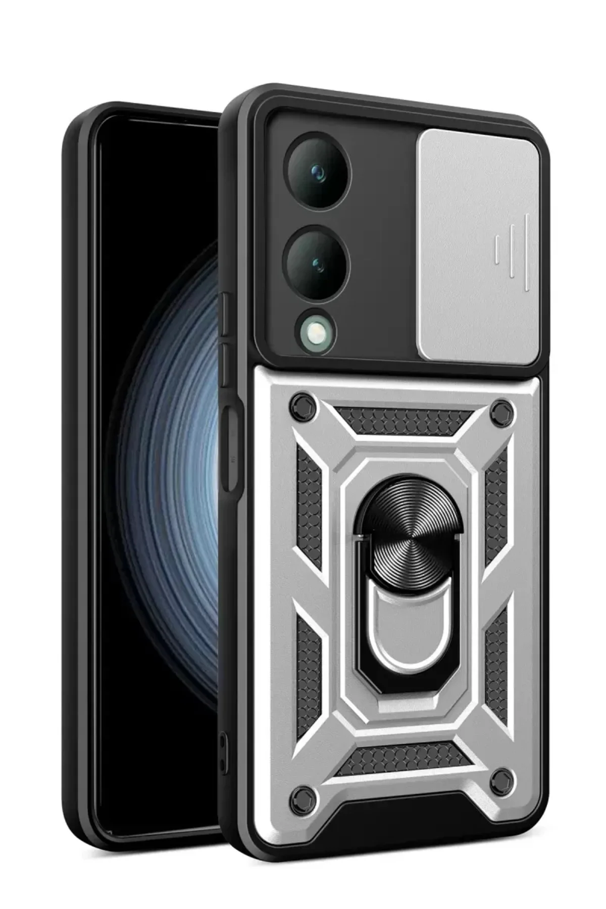 Newface Vivo Y17s Kılıf Pars Lens Yüzüklü Silikon - Gümüş