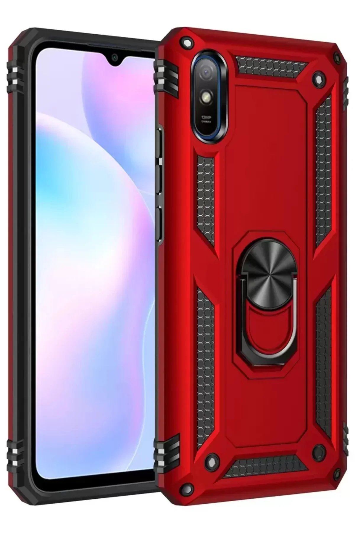 Newface Xiaomi Redmi 9a Kılıf Sofya Yüzüklü Silikon Kapak - Kırmı