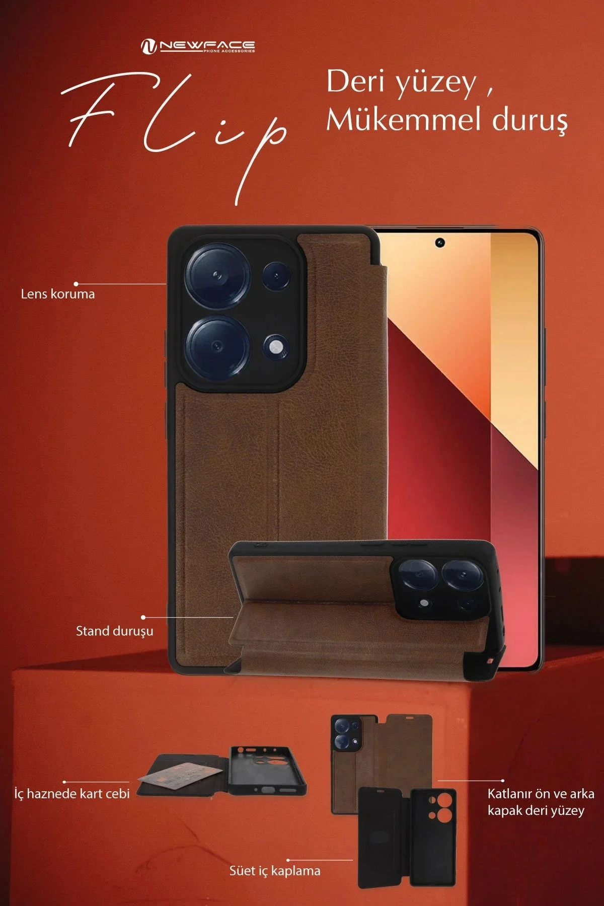Newface Xiaomi Redmi Note 13 4g Kılıf Flip Cover - Kırmızı