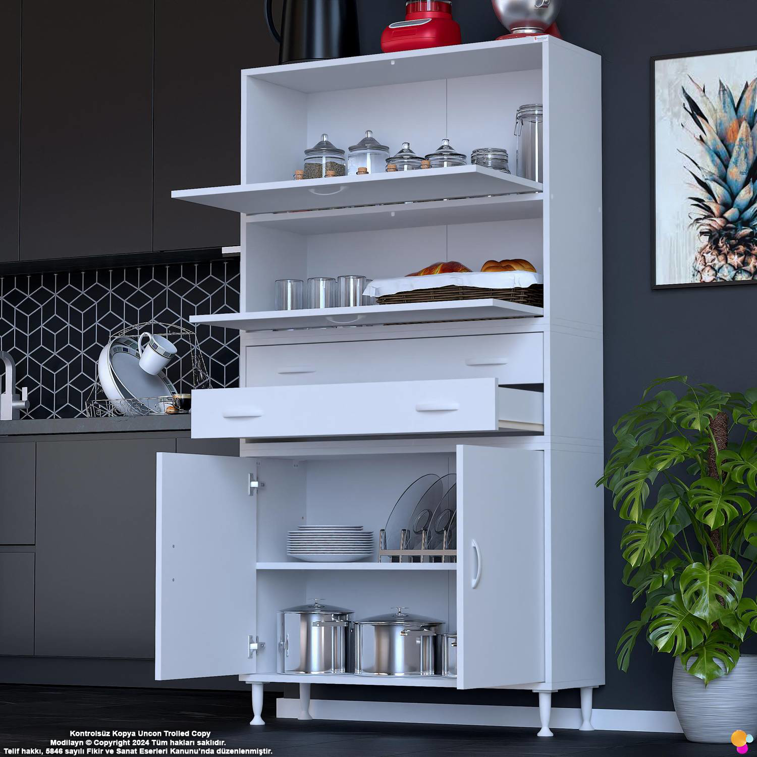 Nexa 90 cm 2 Çekmece 4 Kapaklı Çok Amaçlı Mutfak, Bakliyat ve Kah - Görsel 4